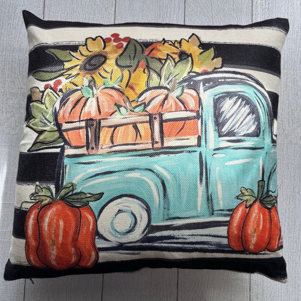 Fall Harvest Truck Pillow Pumpkin Sunflowers Striped